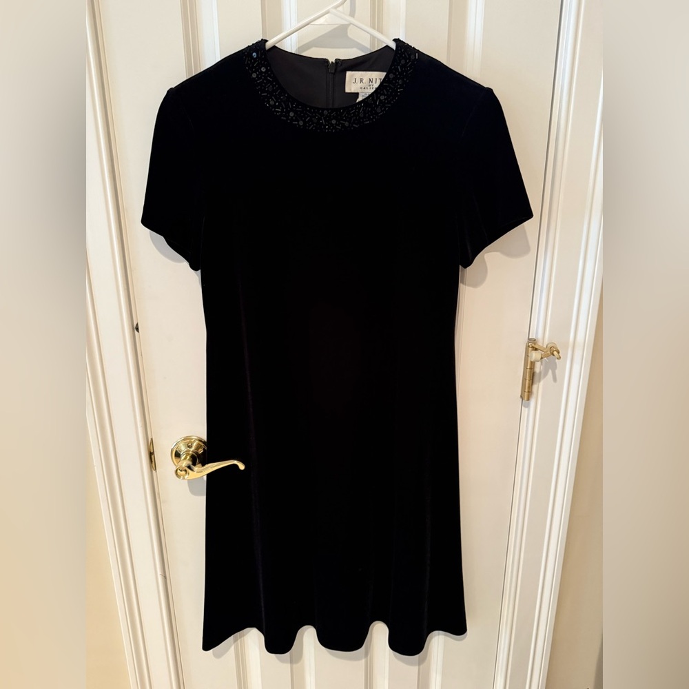 Black velvet dress with beaded neckline, size 8.